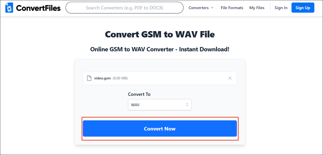 Click on Convert Now in ConvertFiles to start the conversion from GSM to WAV