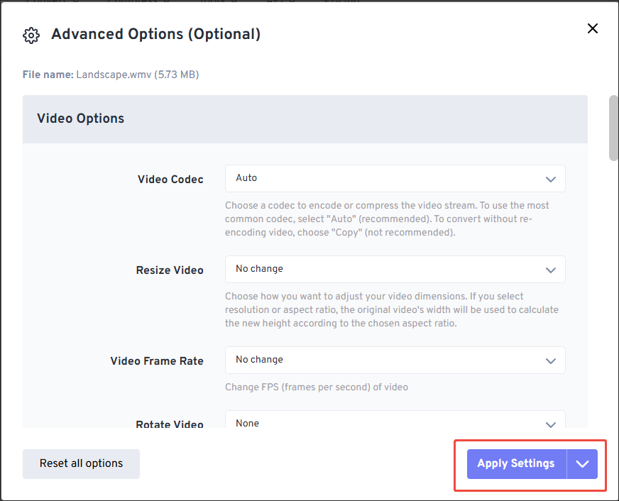 The Advanced Options window of FreeConvert