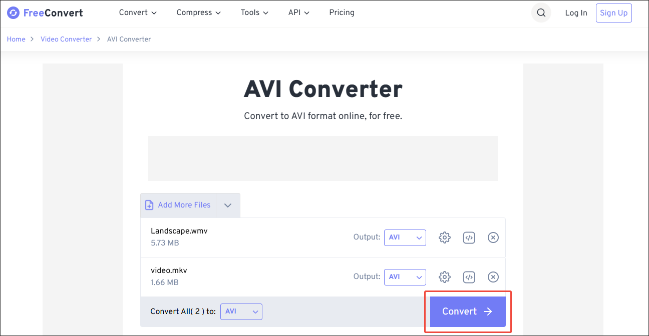 Click on Convert in FreeConvert to begin the conversion from HD to AVI