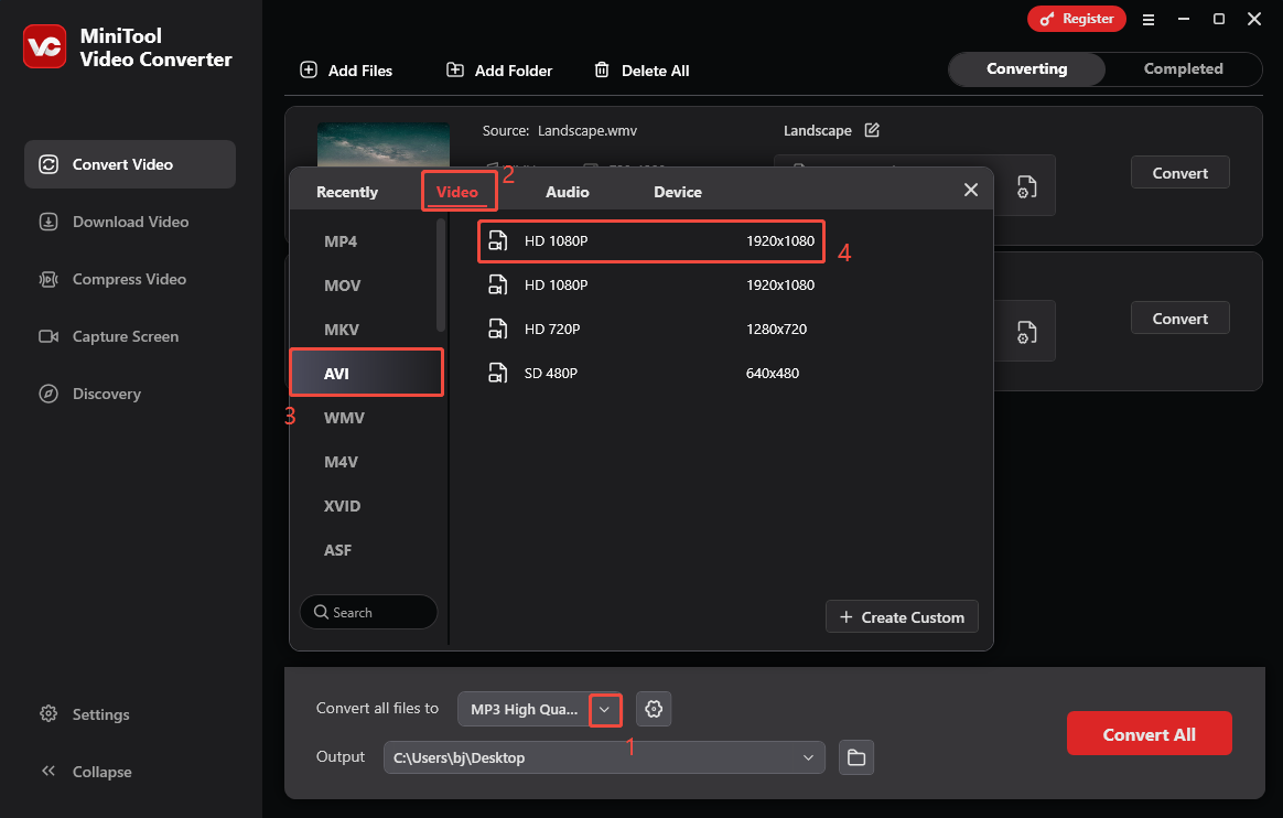 Expand the Convert all files to option in MiniTool Video Converter and choose AVI HD 1080P as the output format
