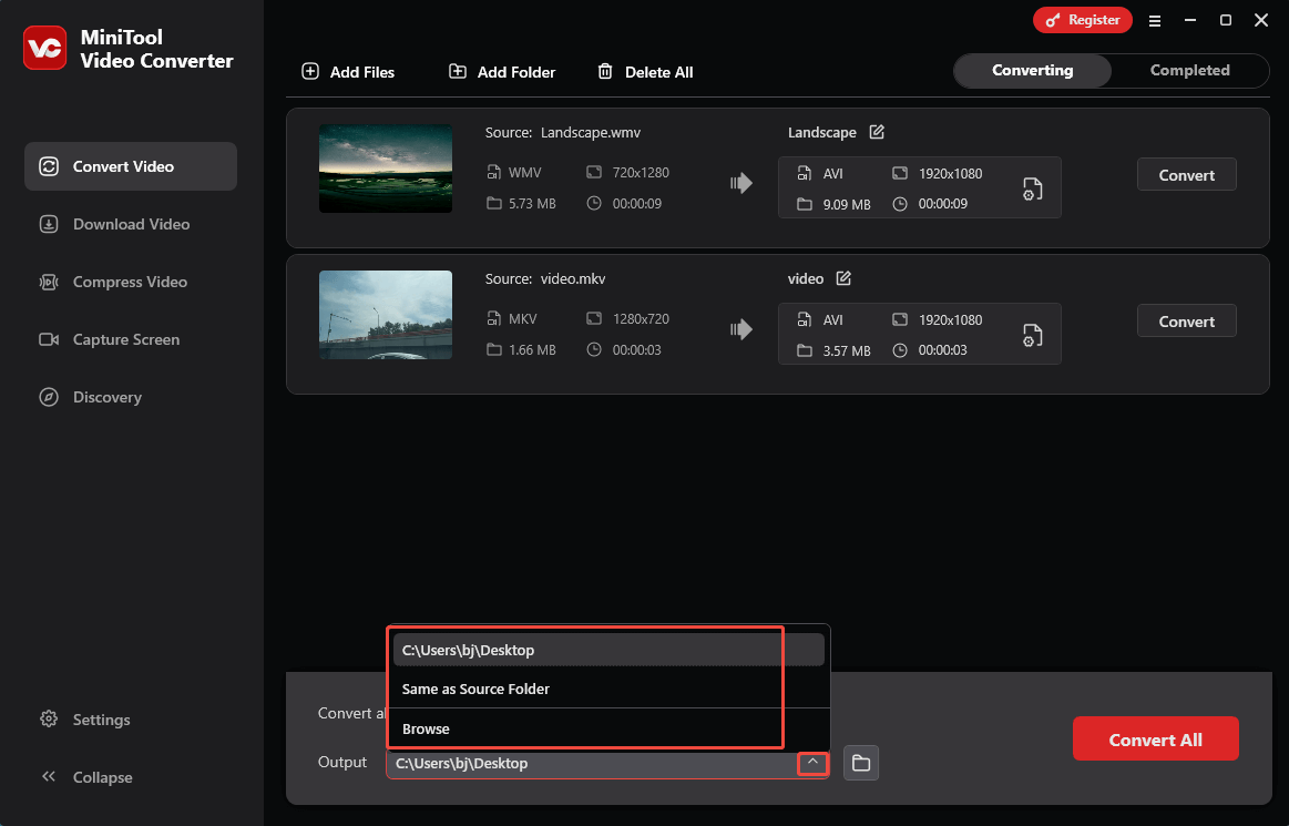 Expand the Output option in MiniTool Video Converter to set an output location for the converted files