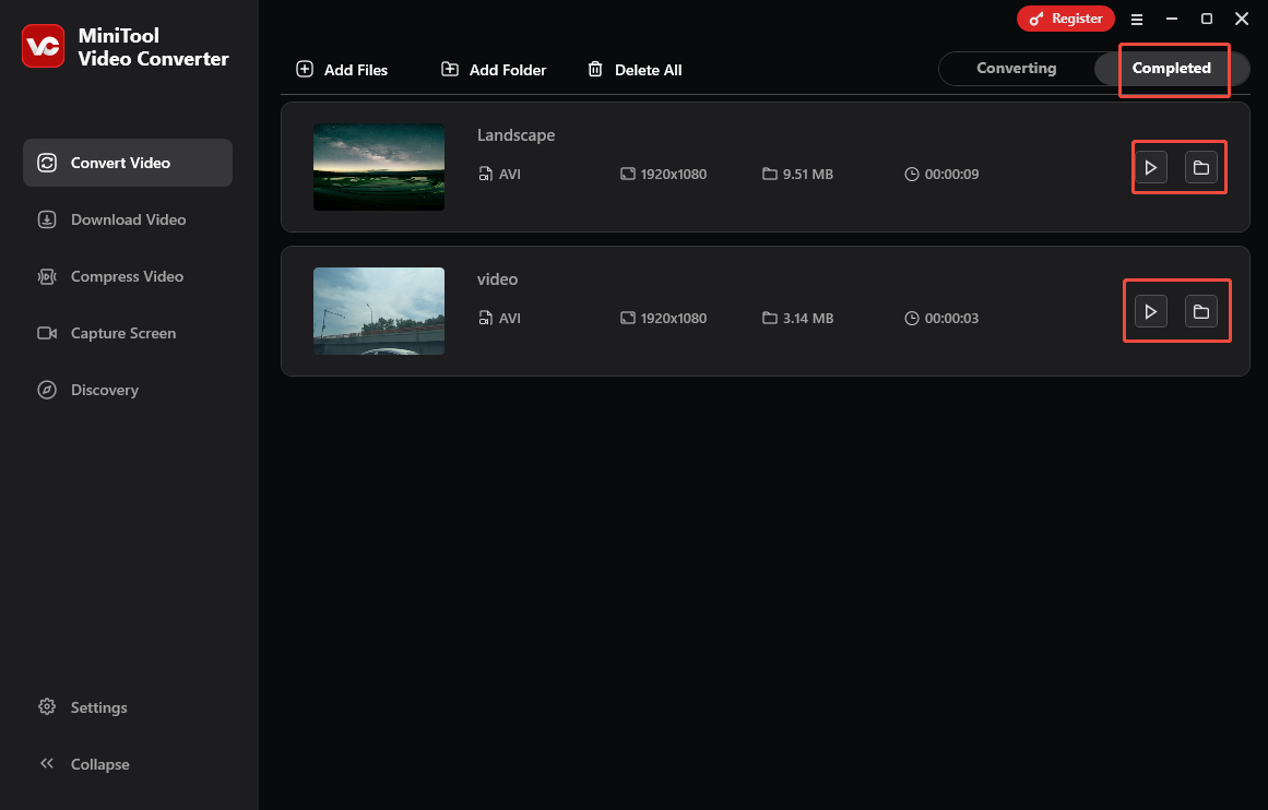 Click on the Folder icon or Play icon in the Completed section of MiniTool Video Converter to locate or view the output files