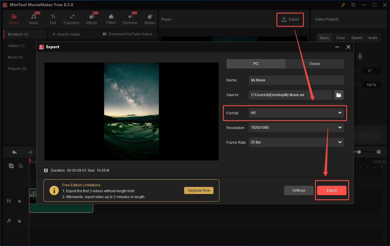 Specify the output settings and click on Export in MiniTool MovieMaker to start conversion from HD to AVI