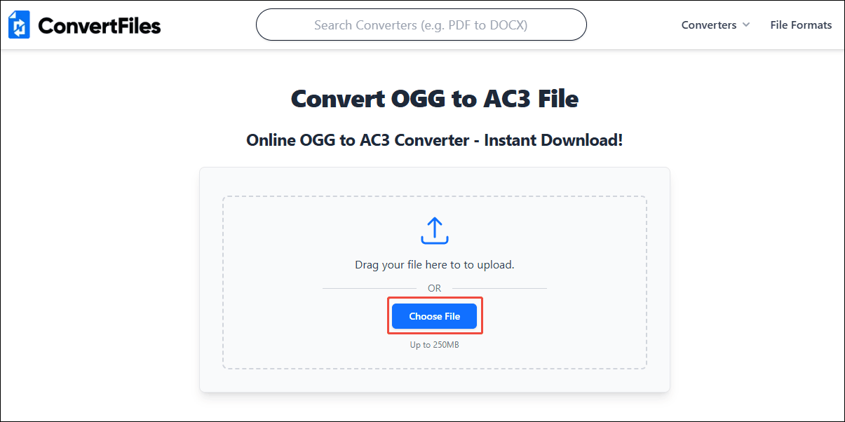 In the ConvertFiles’s conversion homepage, click the Choose File to import the OOG file