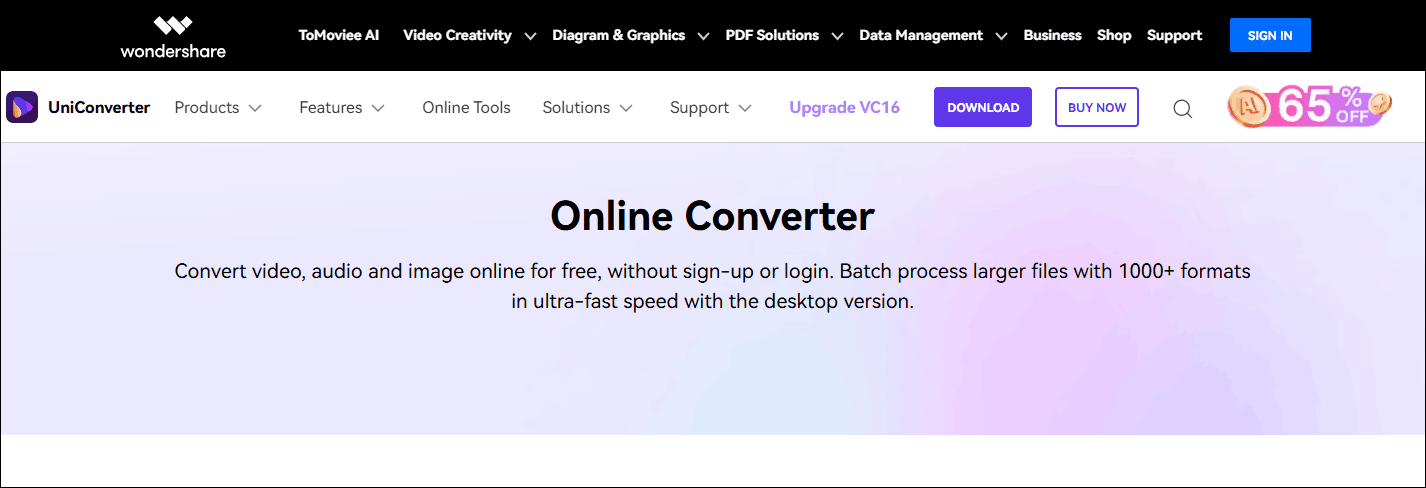 The Wondershare UniConverter’s conversion homepage