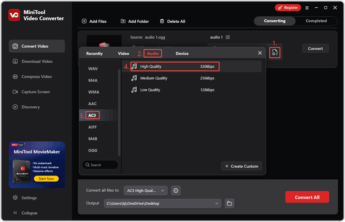 In MiniTool Video Converter, click the edit icon, click the Audio tab in the pop-up window, choose the AC3 format, and select a resolution