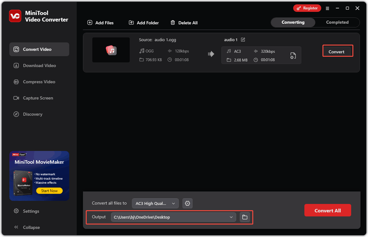In MiniTool Video Converter, click the Output option to choose a storage location and click the Convert button to start conversion