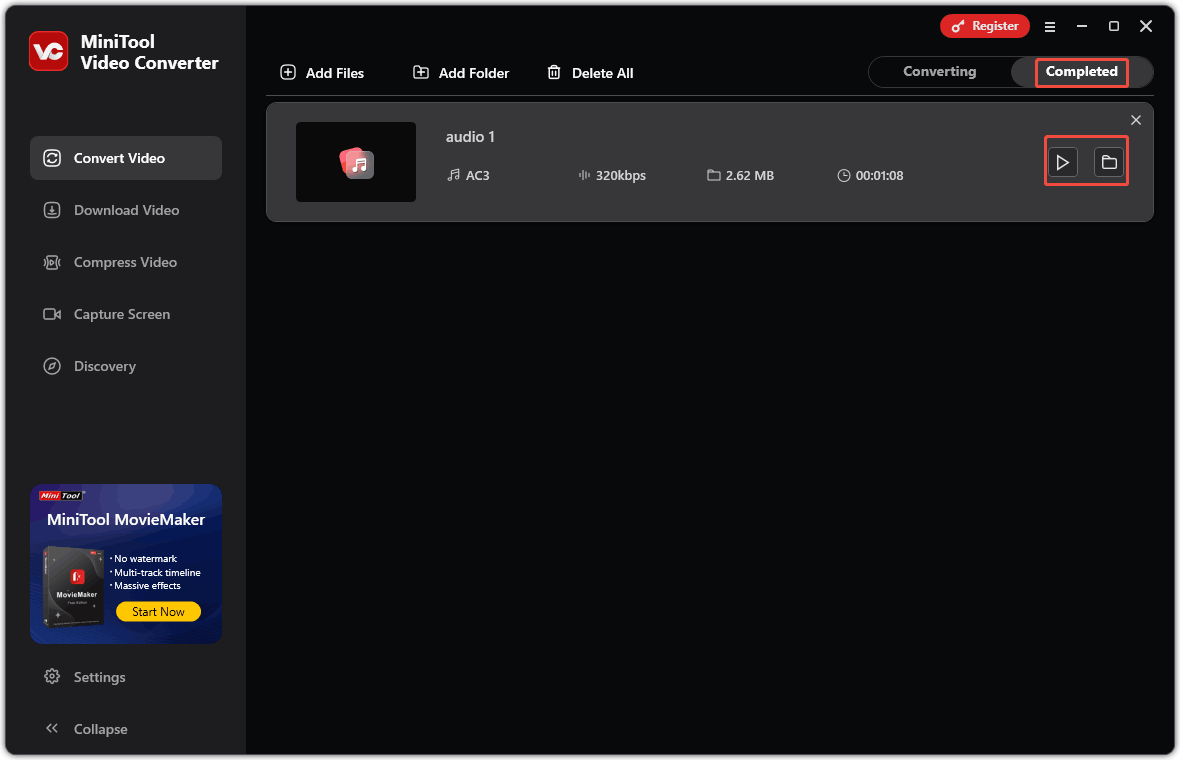 In MiniTool Video Converter’s Completed tab, click the play icon to check the converted file or click the folder icon to locate it