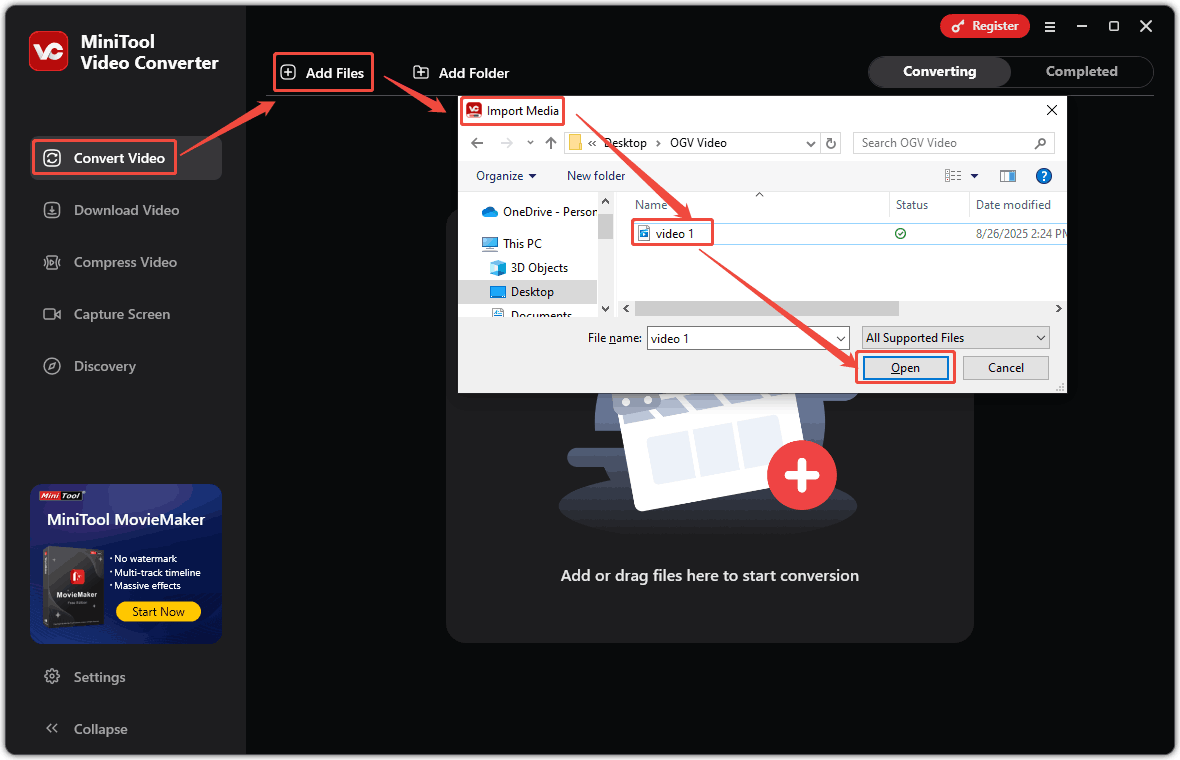 In MiniTool Video Converter’s Convert Video tab, click the Add Files to open the Import Media window, select the OGV file, and click the Open button