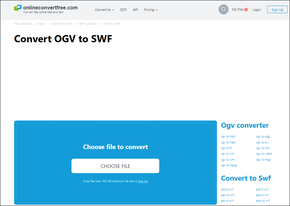 The OnlineConvertFree’s homepage for converting OGV to SWF