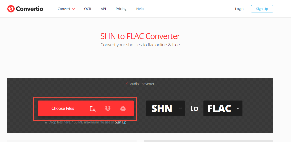 Click on Choose Files in Convertio to import your SHN files