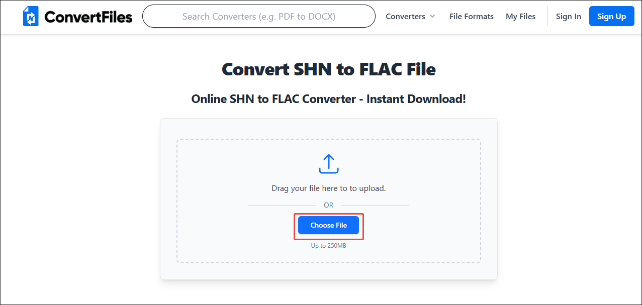Click on Choose File in ConvertFiles to import your SHN file