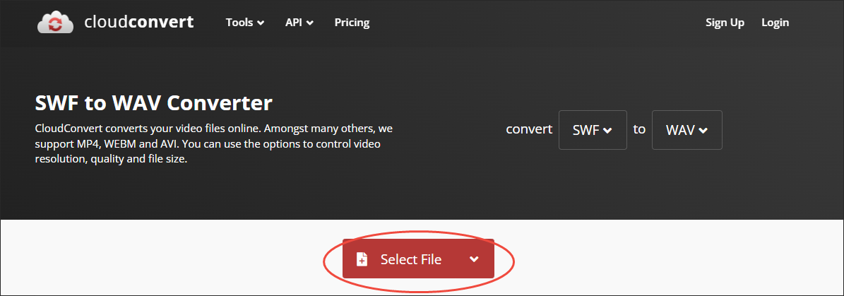 Click on Select File in CloudConvert to upload your SWF videos
