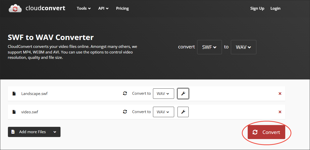 Click on Convert in CloudConvert to begin the conversion from SWF to WAV