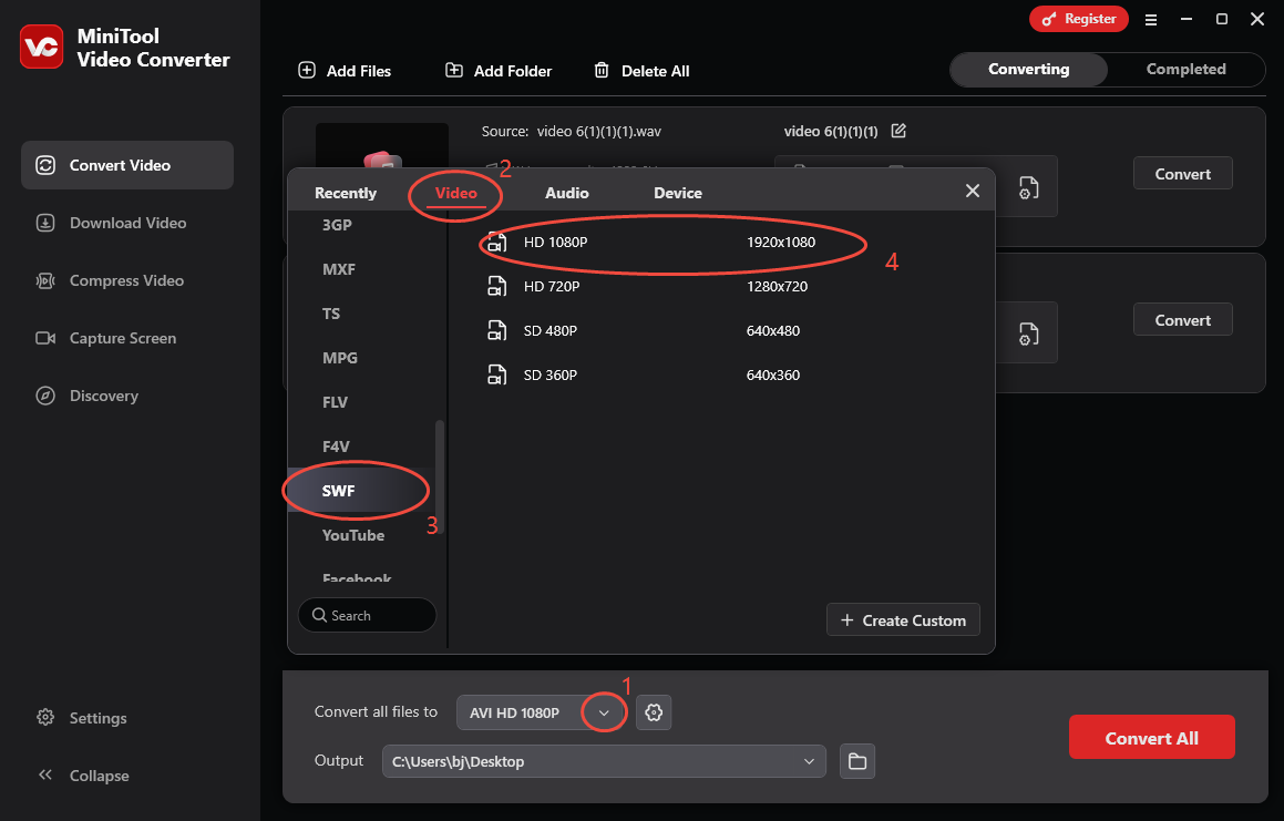 Expand the Convert all files to option in MiniTool Video Converter and choose SWF HD 1080P as the output format