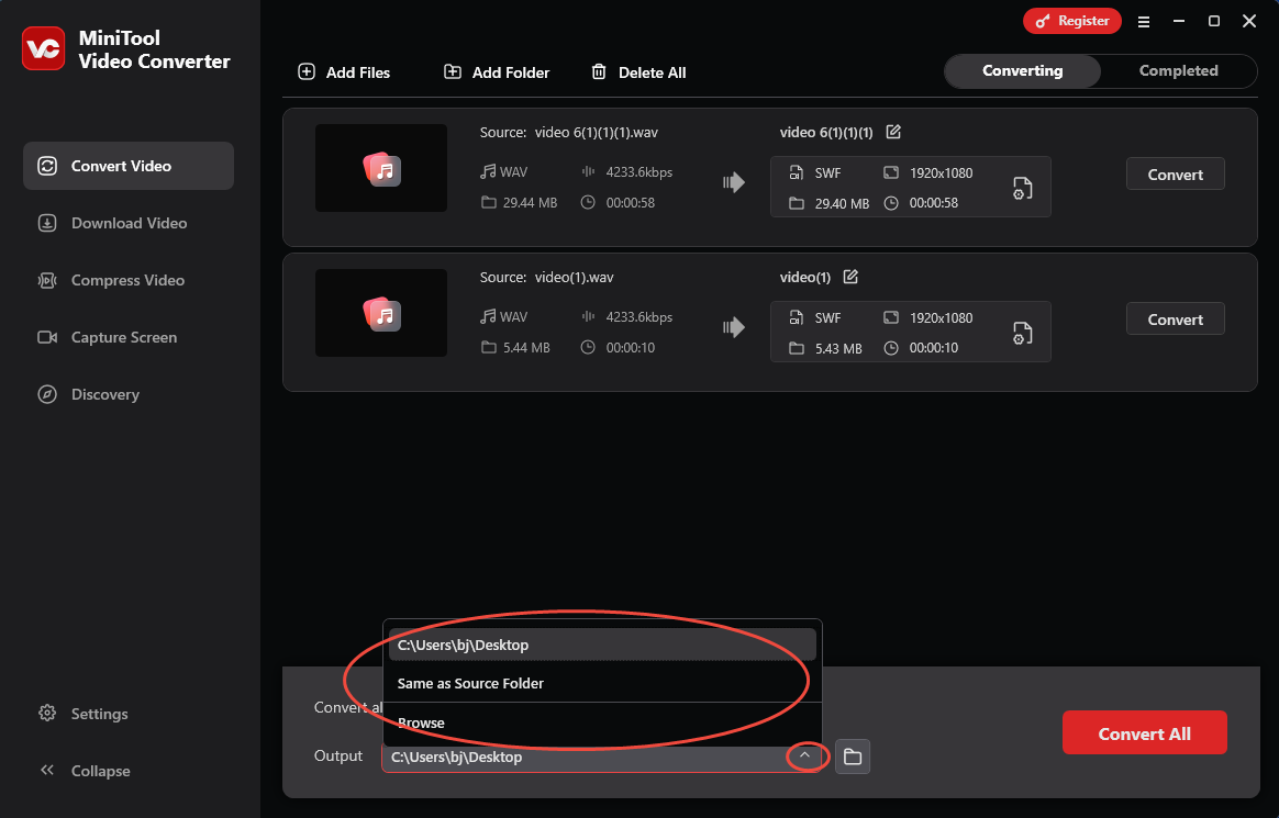 Expand the Output option in MiniTool Video Converter to choose a saving path for converted files