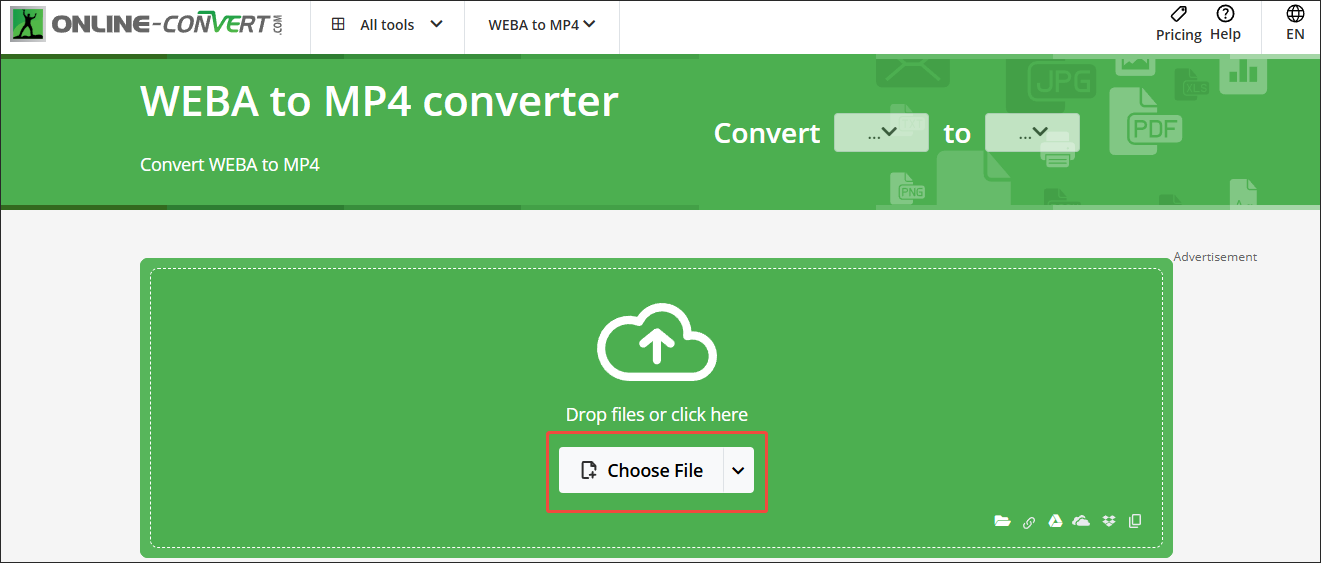 Click on Choose File in Online-Convert to import your WEBA files