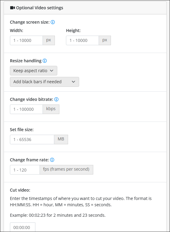 The Optional Video settings section of Online-Convert