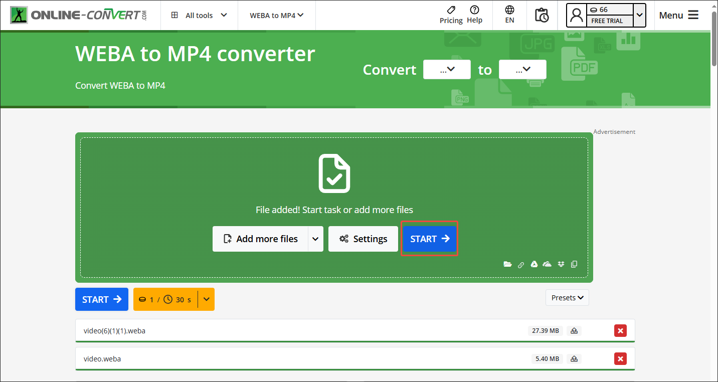 Click on START in Online-Convert to begin the conversion from WEBA to MP4