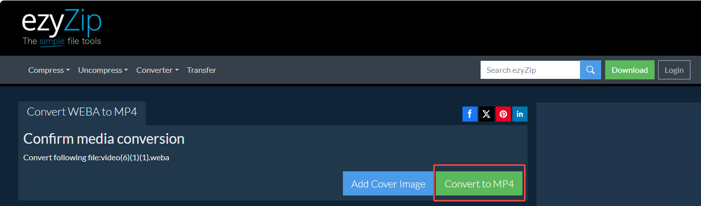 Click on Convert to MP4 in ezyZip to begin the conversion from WEBA to MP4