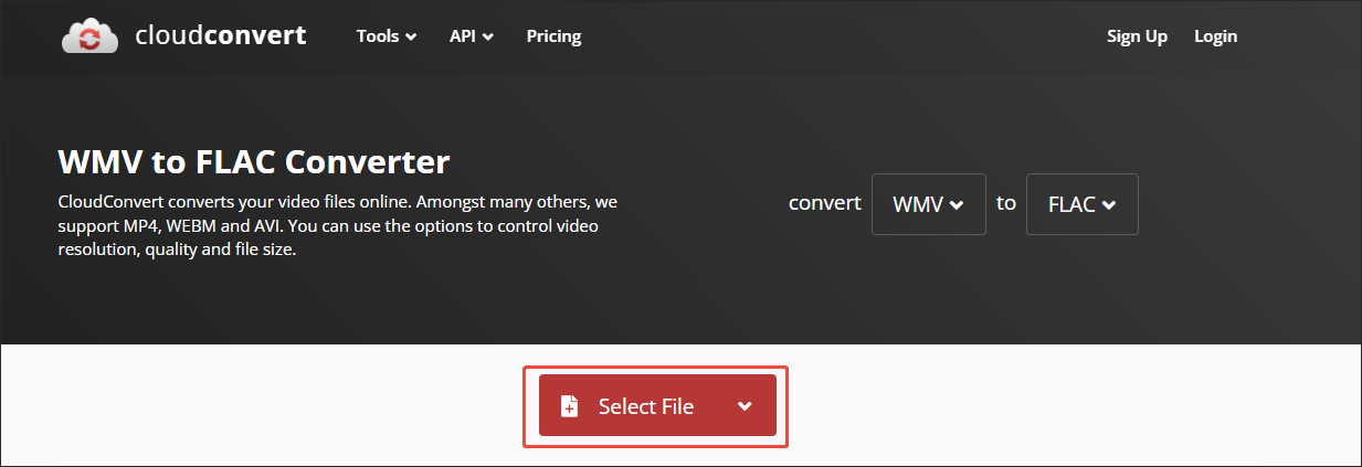 Click on Select File in CloudConvert to import your WMV files