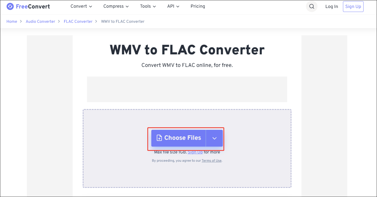 Click on Choose Files in FreeConvert to upload your WMV files