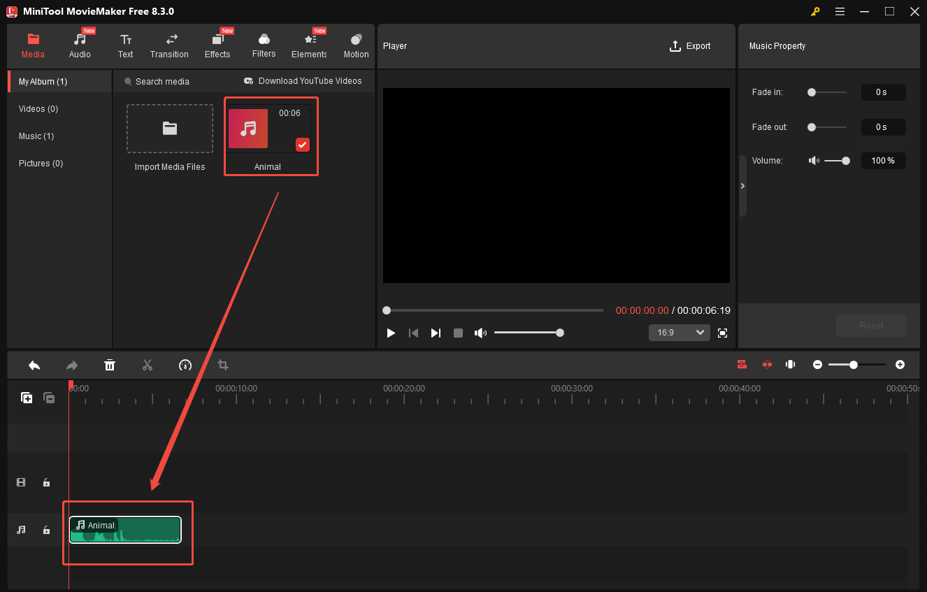 Add FLAC to the timeline of MiniTool MovieMaker