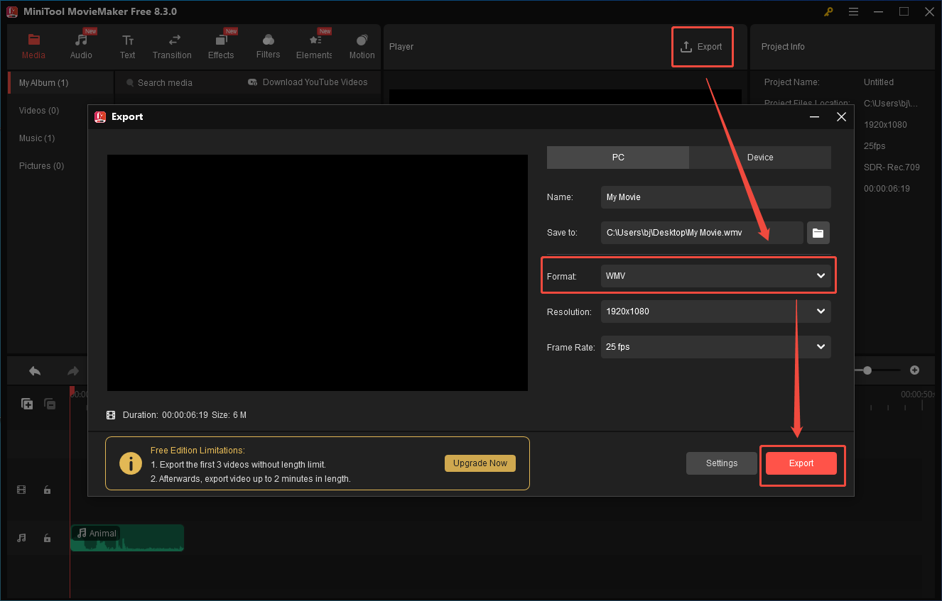 Configure the output settings in the Export window of MiniTool MovieMaker and click on Export to start conversion
