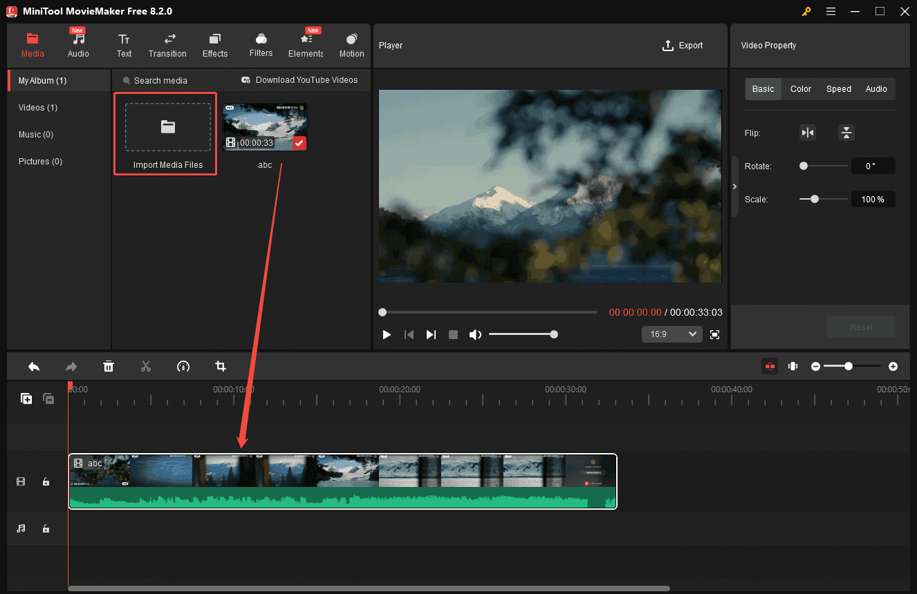 In MiniTool MovieMaker, click Import Media Files to import the target video and then directly drag and drop it onto the timeline