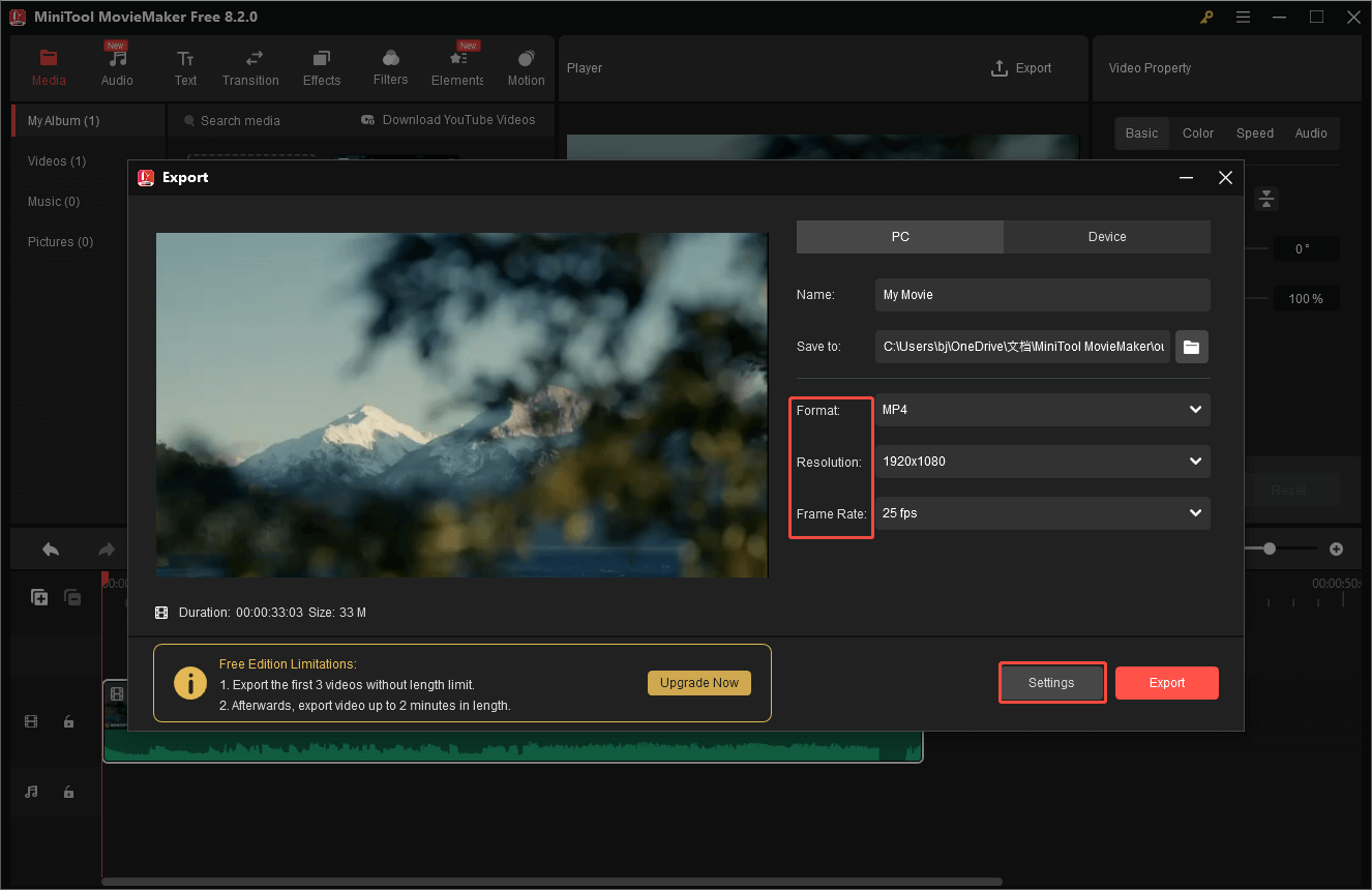 In MiniTool MovieMaker, adjust the output format, resolution, frame rate, and other parameters on the Export window