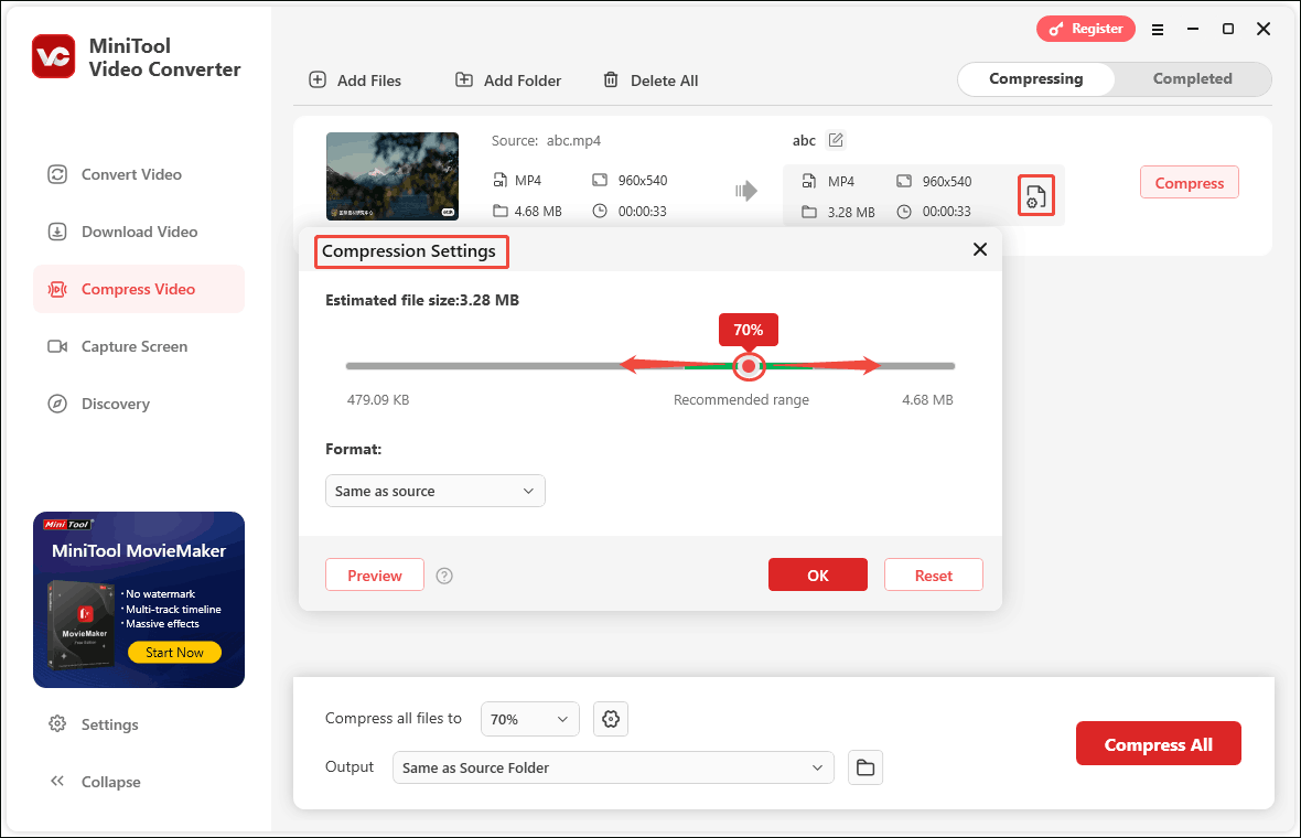 Drag the red dot to adjust the compression level of the video in MiniTool Video Converter