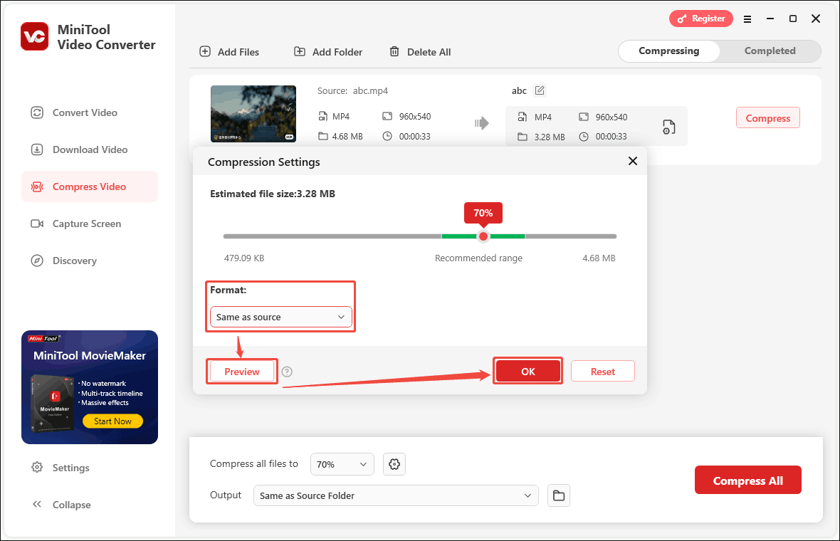 Choose the output format of the compressed video, preview the compressed video, and click OK in MiniTool Video Converter