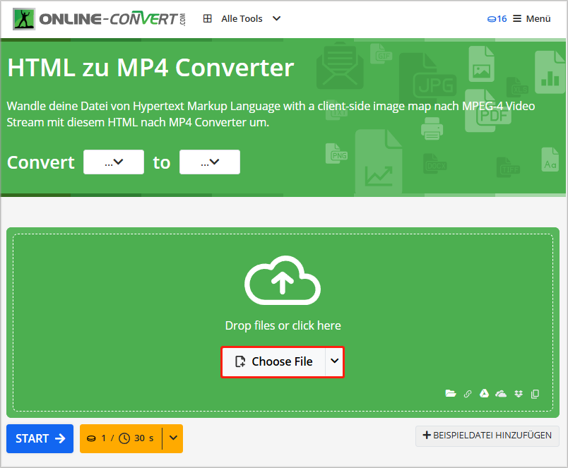 Um eine HTML-Datei auf Online-Convert hochzuladen, klicken Sie auf „Choose File“