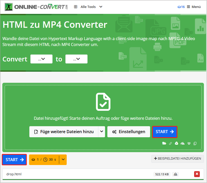 Umwandlung von HTML in MP4 durch Klick auf „START“ starten