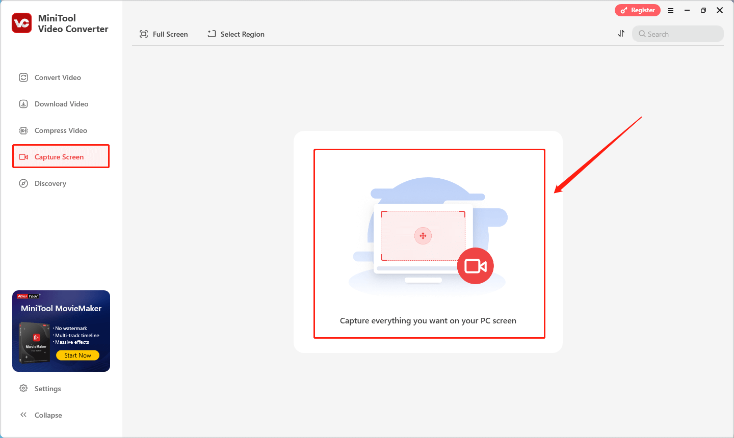 MiniTool Screen Recorder aufrufen, indem Sie in MiniTool Video Converter auf den mittleren Bereich des Fensters klicken