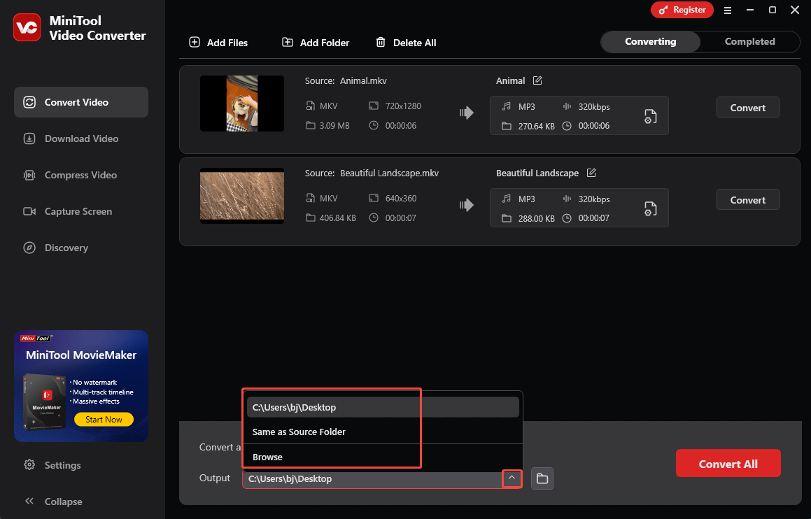 Expand the Output option in MiniTool Video Converter to choose a destination folder for the converted files