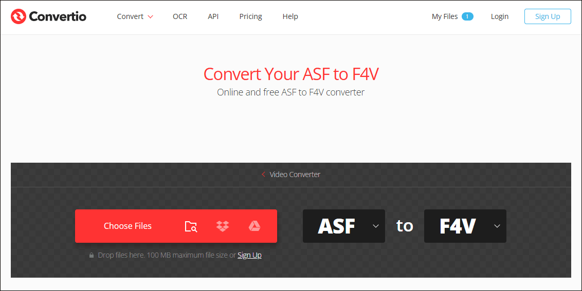 The Convertio’s interface for converting ASF to F4V