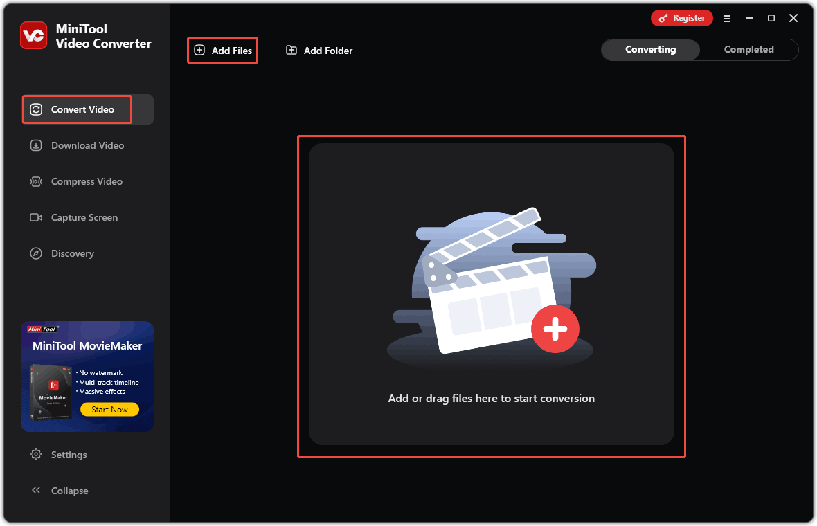 In MiniTool Video Converter, click on the Add Files option to import the ASF video file or drag it into the Add or drag files here to start conversion area