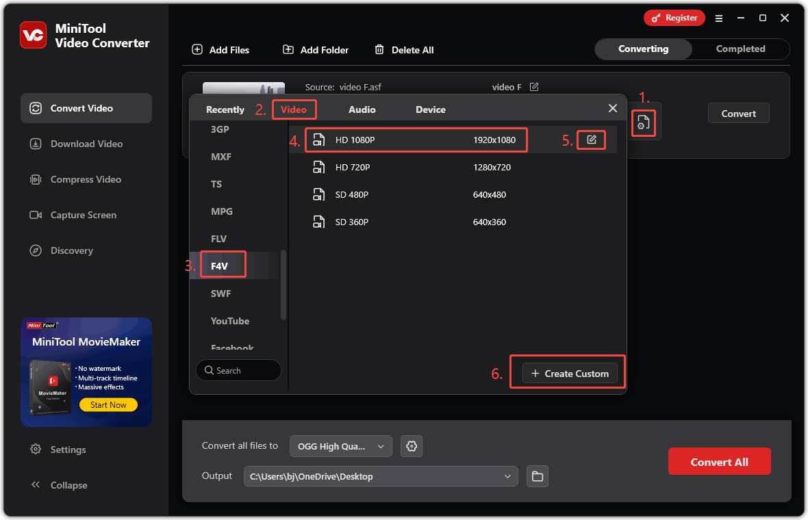 In MiniTool Video Converter’s settings window, click the F4V format, choose a resolution, click the edit icon to adjust the video file, or click the + Create Custom to generate new format parameters
