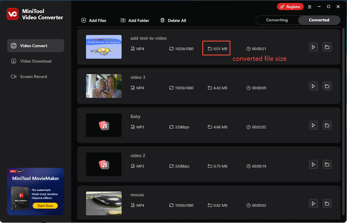 Converted file size after the format conversion in MiniTool Video Converter