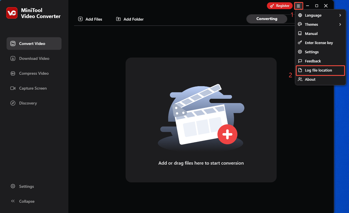 Click on the Hamburger icon in MiniTool Video Converter and choose Log file location to locate the logs