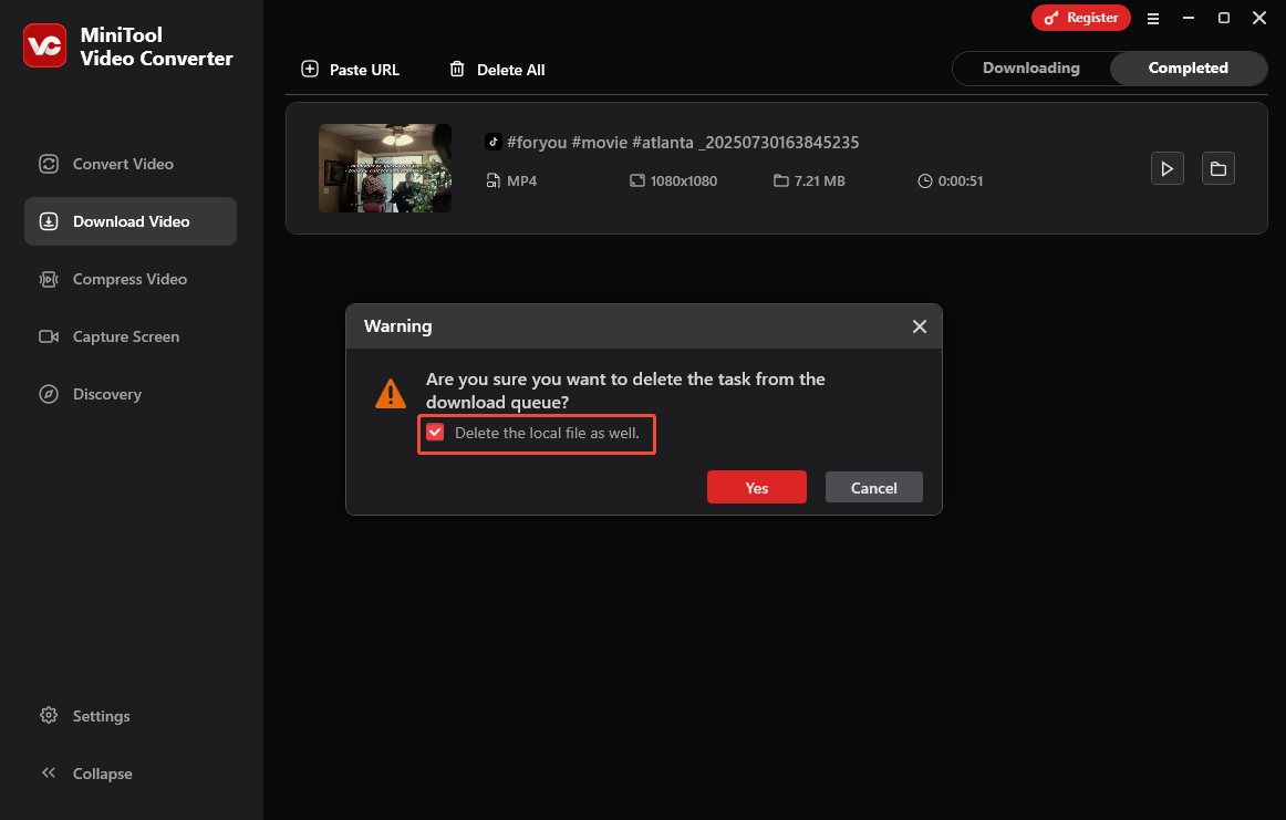 Check the box in MiniTool Video Converter’s Download Video tab to delete the local file