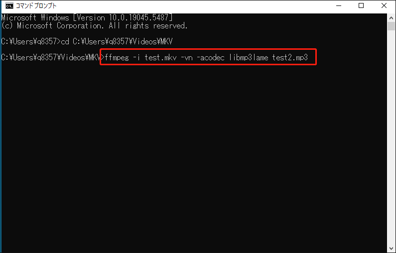 「ffmpeg -i filename.mkv -vn -acodec libmp3lame filename.mp3」と入力する