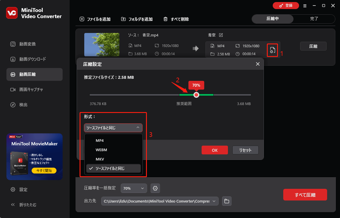 MiniTool Video Converterでファイルの形式を選択する