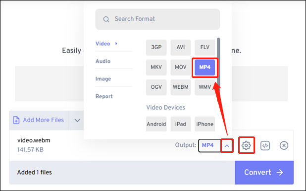 Select MP4 as the output format in FreeConvert Video Compressor