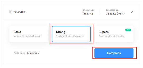 Choose Strong and click on Compress to start compression in Clideo