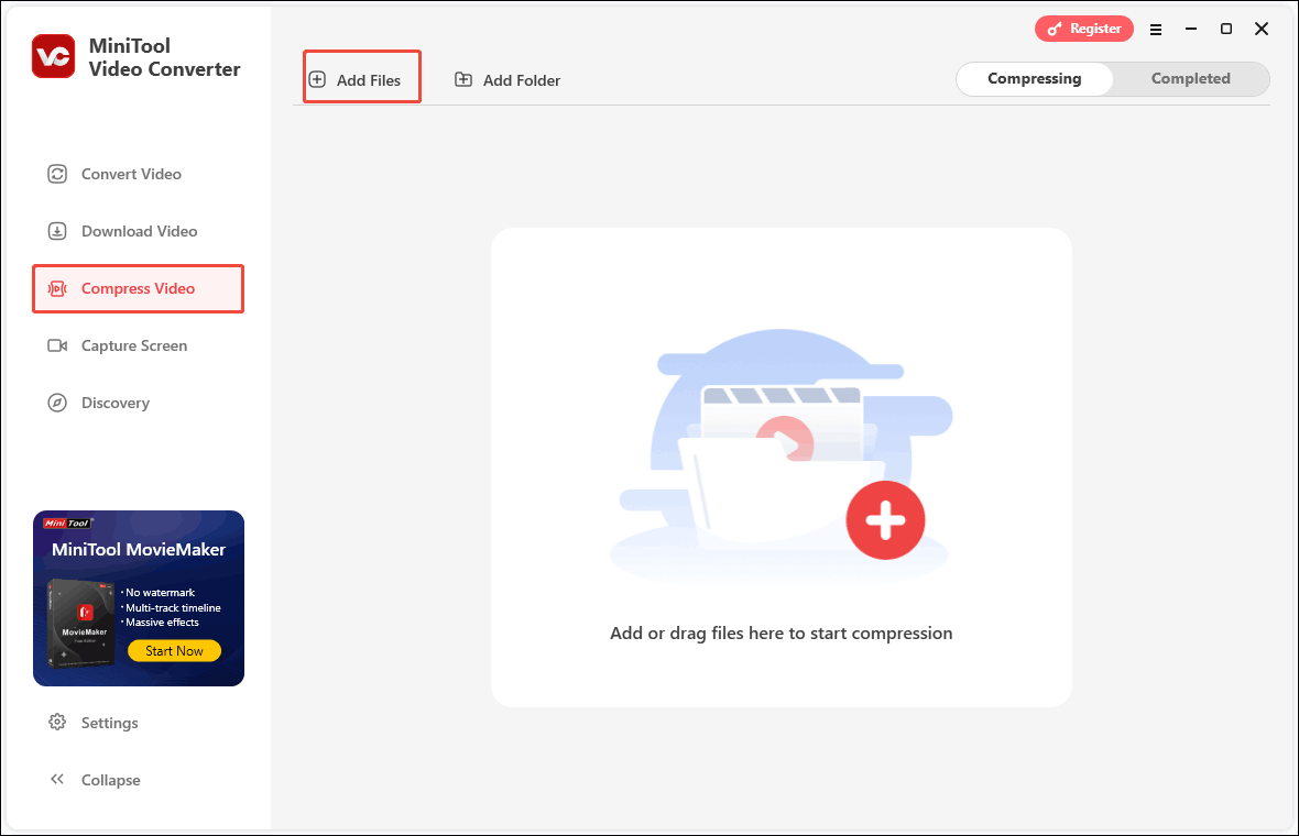 In MiniTool Video Converter, click the Compress Video tab and click the Add Files option on the right page