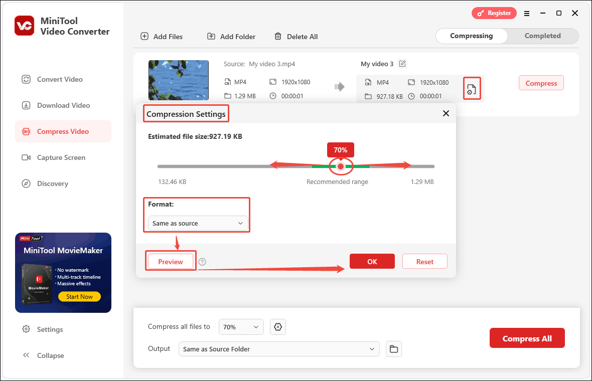 In MiniTool Video Converter’s Compression Settings window, drag the red dot to adjust compression level, click the option below Format to choose output format, and click the Preview button