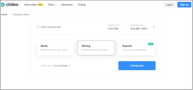 Select the Strong option in Clideo