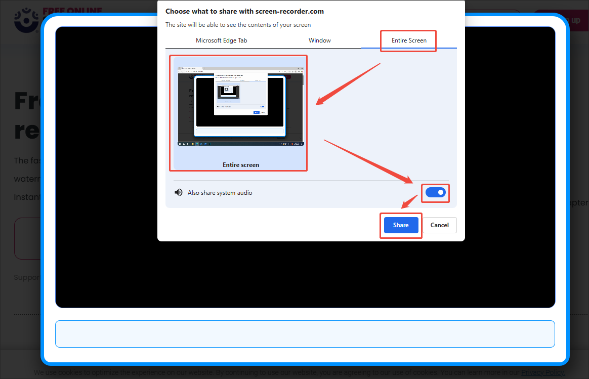 Specify the recording area and enable the system audio in Online Screen Recorder